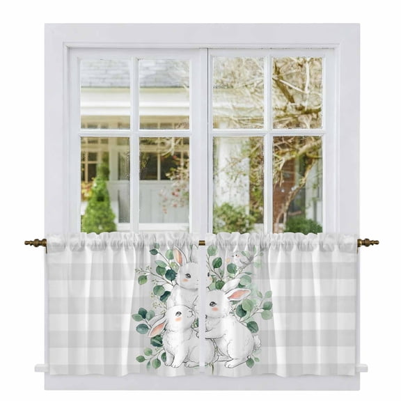 Easter Bunny Tier Curtains 36 Inch Length, Eucalyptus Leaves Grey Checkered Farmhouse Cafe Short Curtains for Bathroom Over Sink, Small Kitchen Curtain Light Filtering Drapes 2 Panels 27.5"Wx36"L