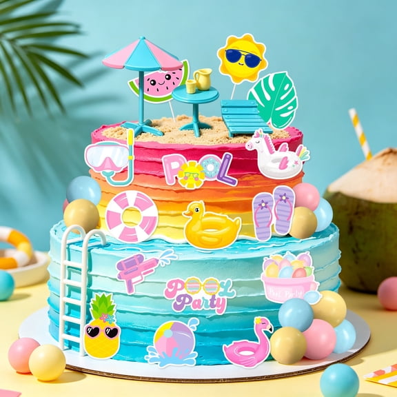 Pool Party Birthday Cake Decorations Set - Summer Tropical Theme with Flamingo & Pineapple Accents