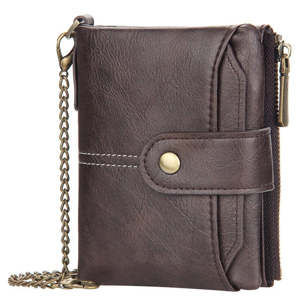 Carteras plegables suaves de cuero de PU para hombres monedero llavero cartera con cremallera con cadena