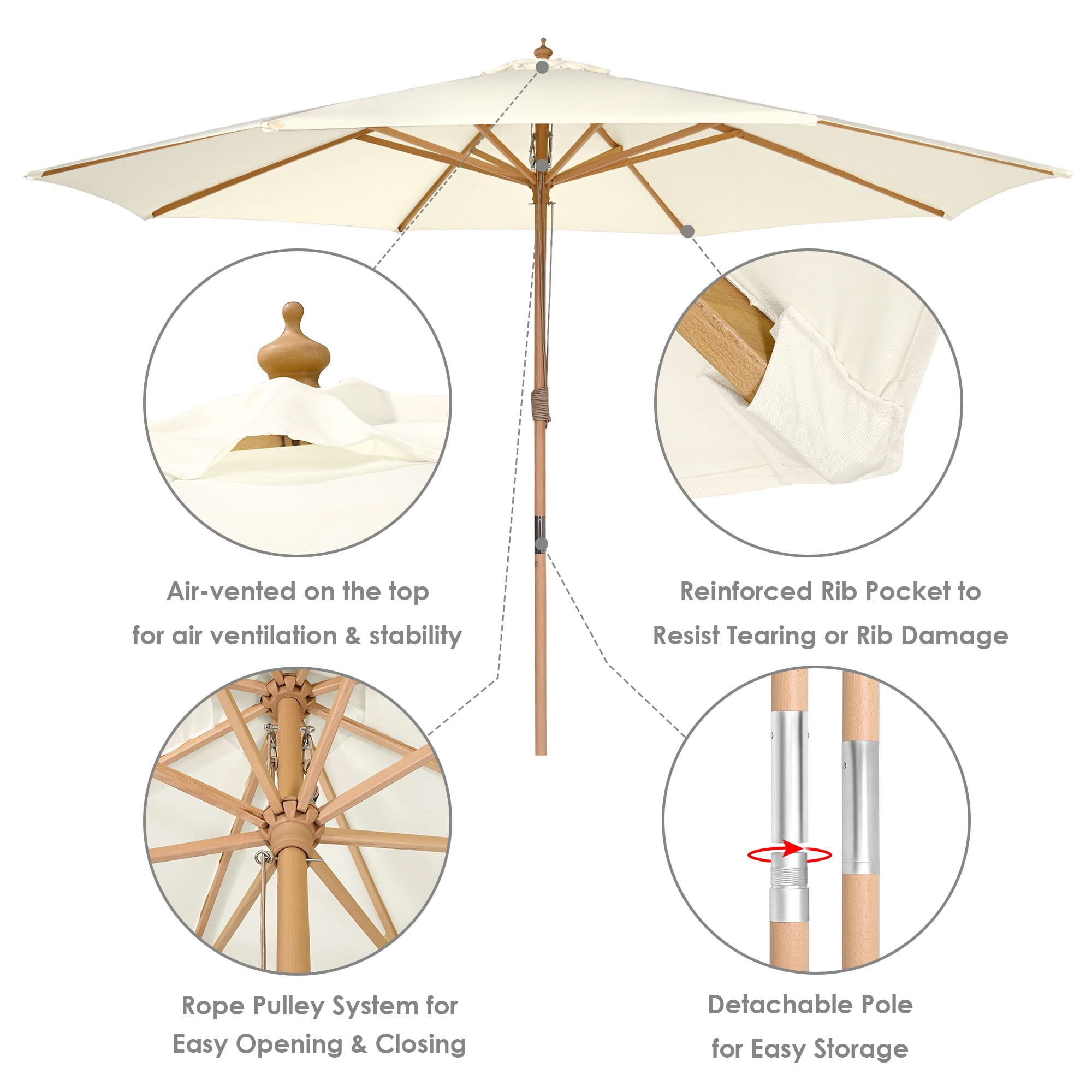 Yescom 13FT Outdoor Solid Wooden Large Patio Umbrella with 4 Wheels Base Beech Pole for Deck Pool Backyard Garden Market Beach Parasol,Ivory