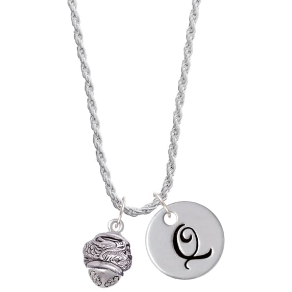 Delight Jewelry Silvertone Antiqued Dragon Spinner Silvertone Script Initial Disc - Q - Charm Necklace, 20"+3"