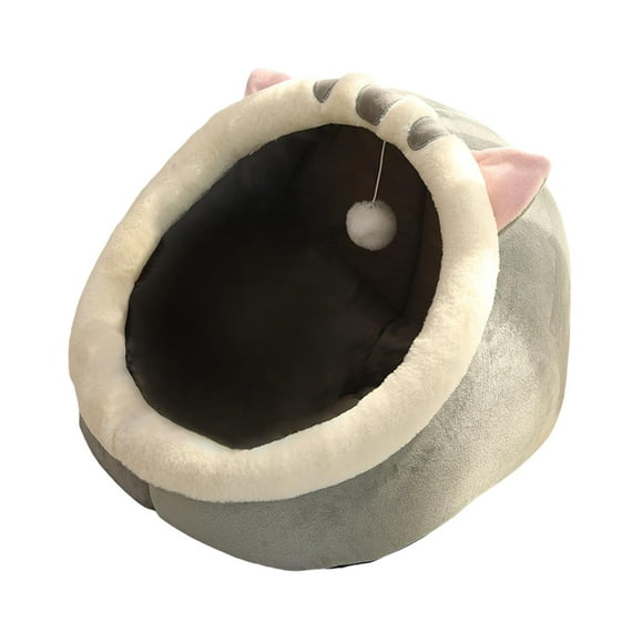 Pet Plush Burrowing Cave Hooded Cat Bed Donut for , Faux Gray M