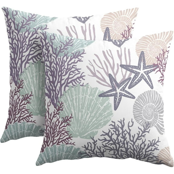 Summer Beach Theme Ocean Pillow Covers 18x18 Inch Set of 2 Nautical Coastal Throw Pillow Covers Seashell Coral Starfish Outdoor Pillow Cases Cotton Linen Cushion Covers for Couch Bed Sofa Home Decor