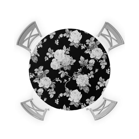 

Round Tablecloth with Elastic Black and White Rose Flower Watercolor Style Waterproof Stain-proof Table Cover Wipeable Fitted Table Cloths for 45 -54 Round Tables Dining Kitchen