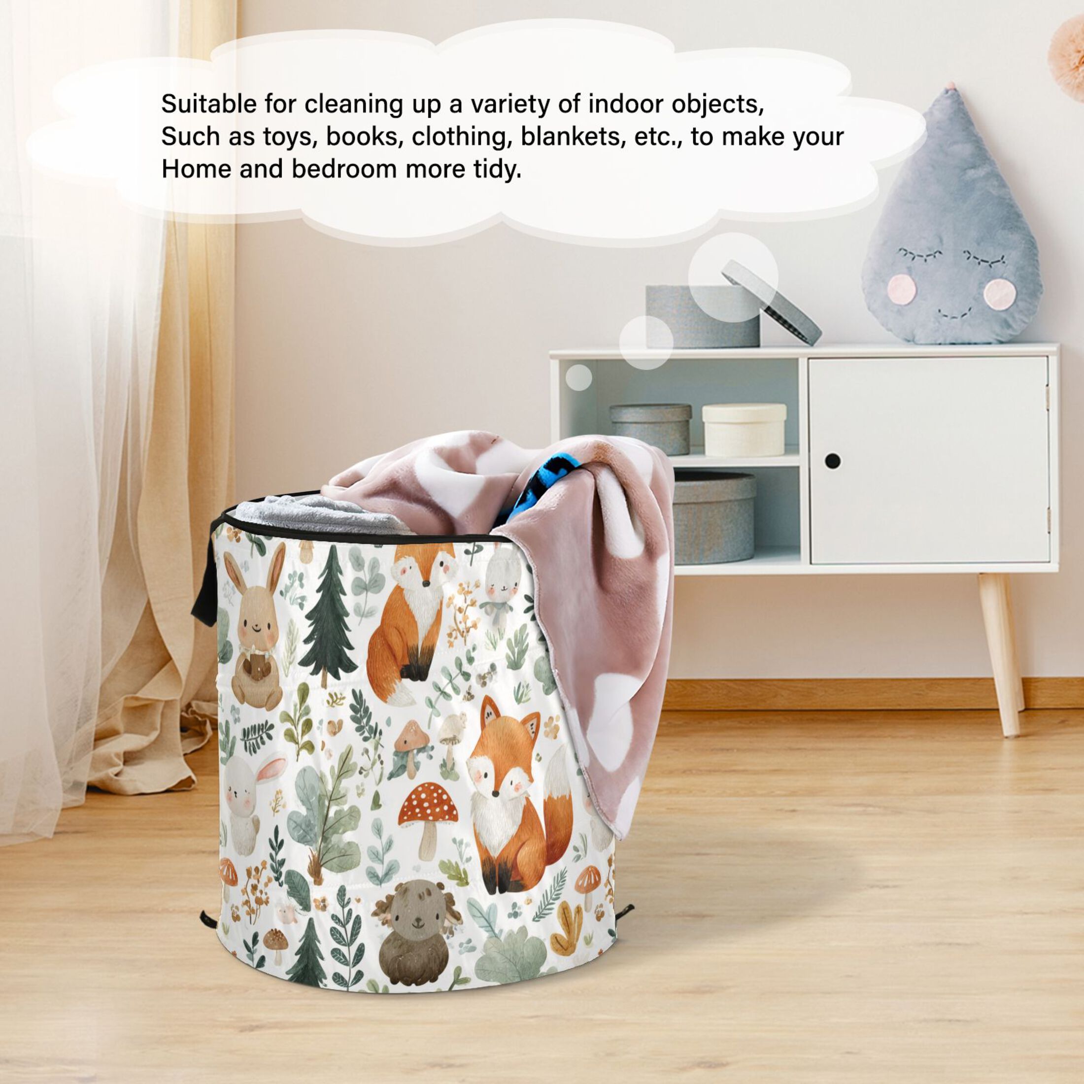 50L Extra Large Popup Hamper Collapsible Laundry Basket With Zippered Lid 15.7x18.5in Cute Woodland Animals