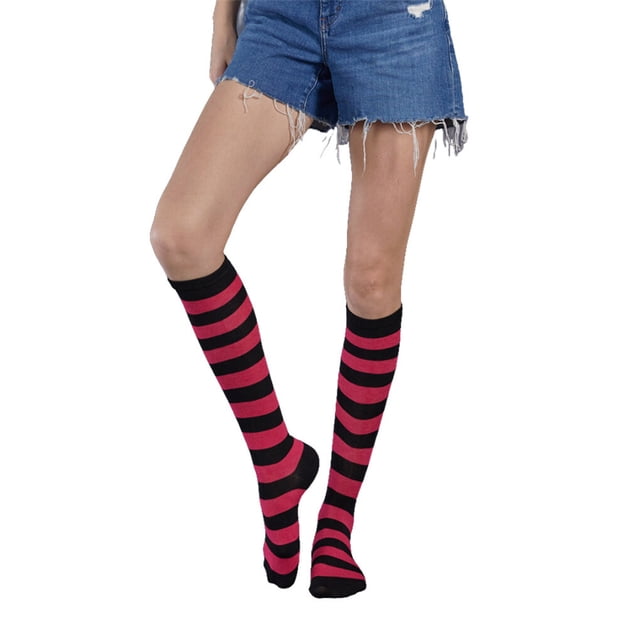 Calcetines a rayas hasta el muslo Qarigey Estilo simple Juegos deportivos Día de San Valentín Fiesta de Halloween Raya ancha Fucsia Type3