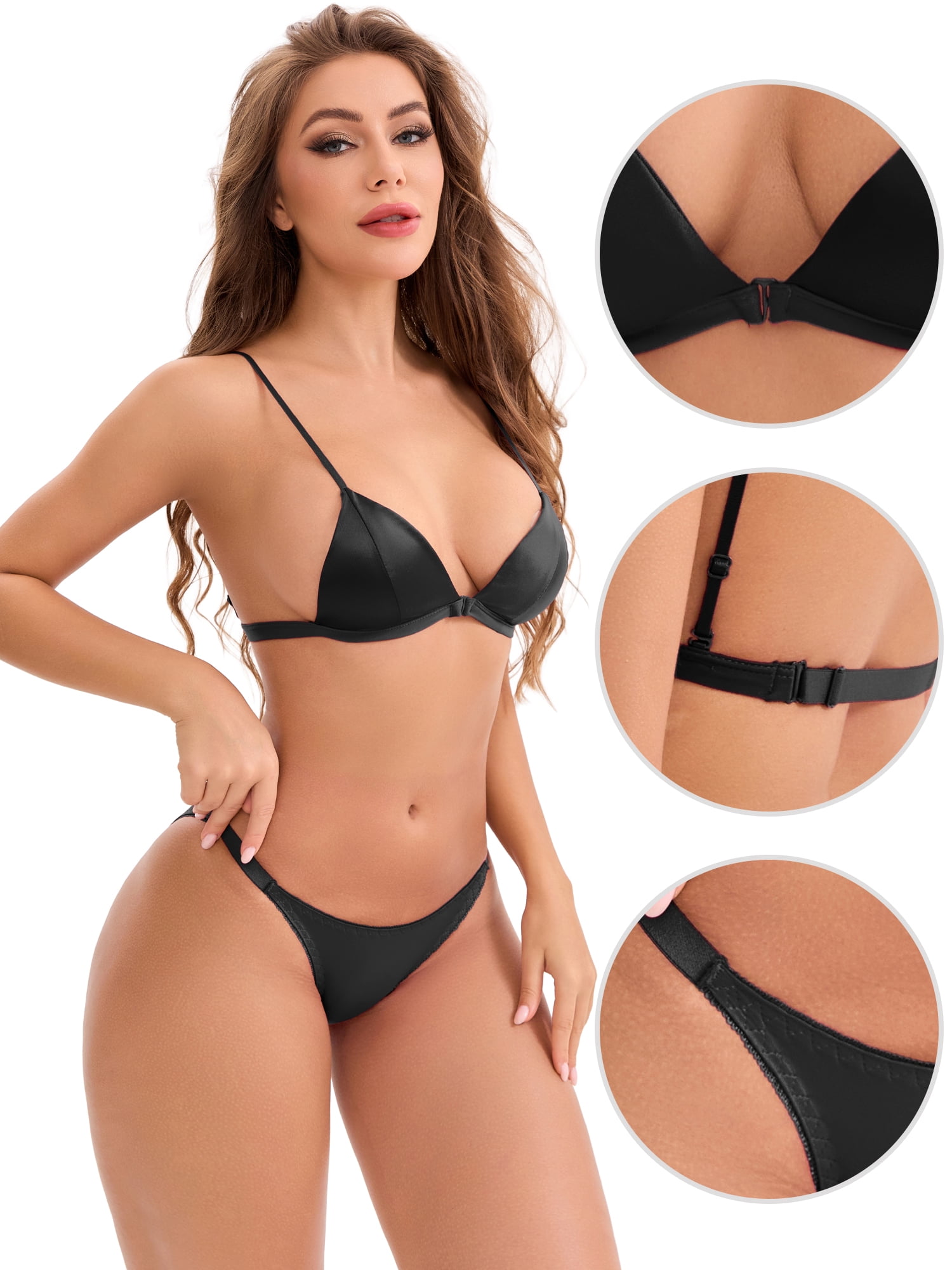DARING DIVA Wirefree Triangle Bra Lightweight No Show Thong 2 Packs M Black