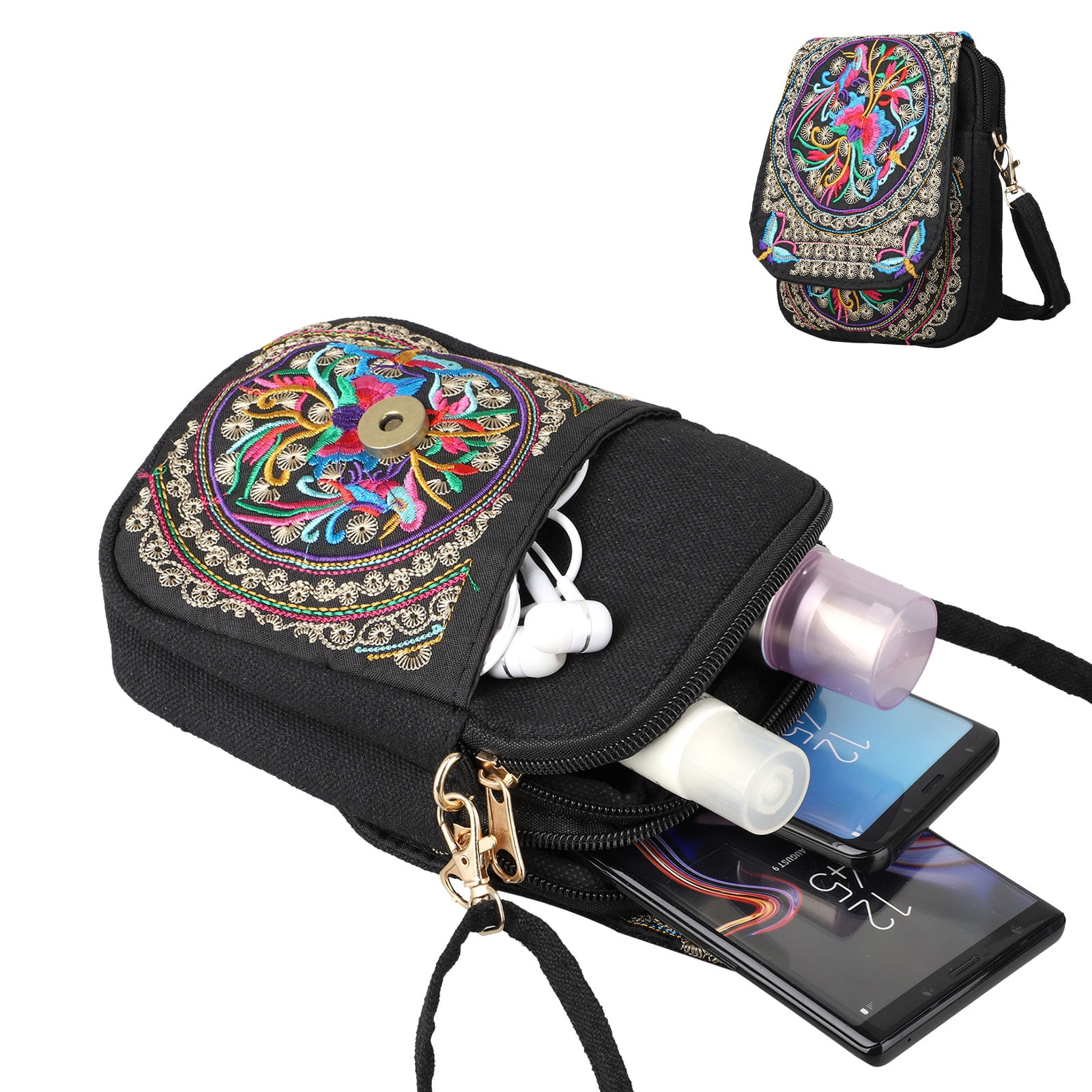 Women Messenger Bag Boho Floral Embroidery Canvas Mobile Phone Small Coins Purse 