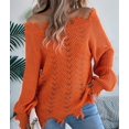 thumbnail image 5 of Women'S Solid Color Openwork Long-Sleeved Sweater, Off-Shoulder Knit Pullover Orange M, 5 of 9
