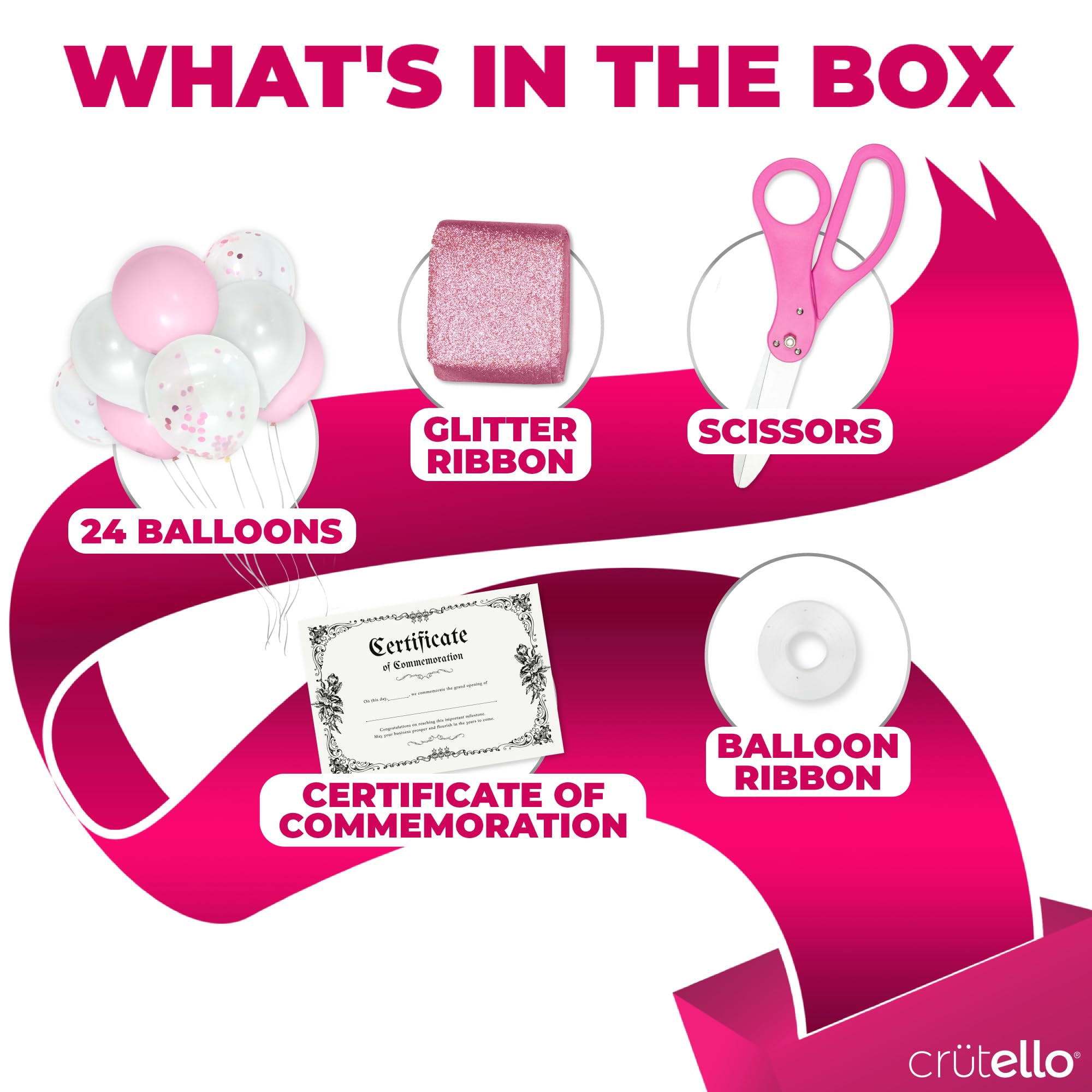Crutello Ribbon Cutting Ceremony Kit - 20"Giant Scissors with Pink Handle, 30ft Sparkle Giant Pink Ribbon 4"Wide, 24 Balloons & 90ft Balloon Band for Grand Opening Decorations