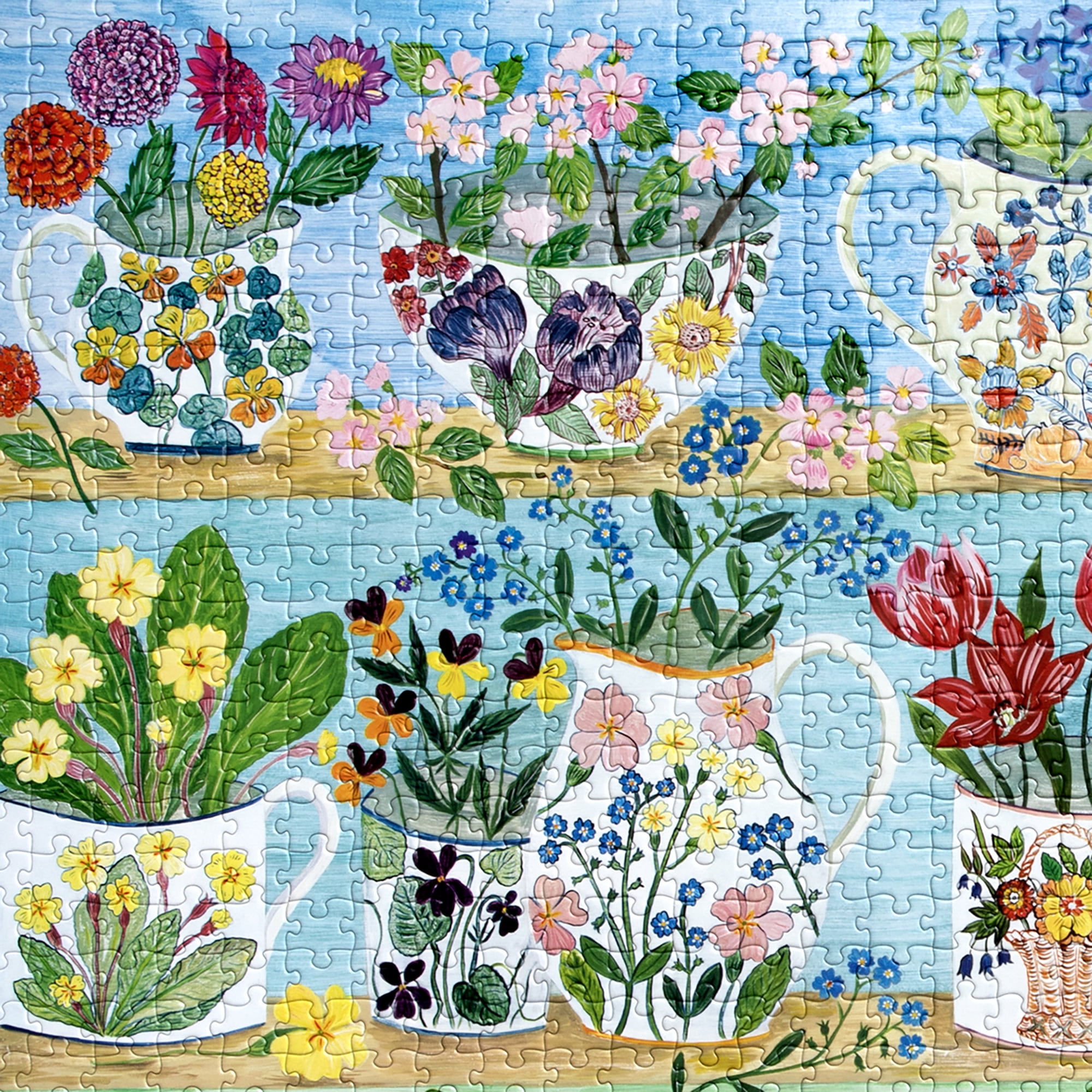 eeBoo Piece & Love: Floral Cupboard - 1000 Piece Puzzle - 23" Square Adult Jigsaw, Debbie George's Georgian China & Bouquet Vase Scene, Eco-Friendly