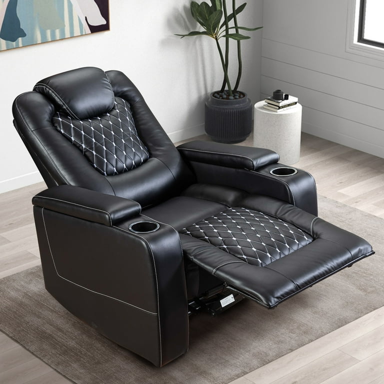 Bonzy Home Power Recliner Chair with USB Ports and Cup Holders Overstuffed Electric Home Theater Seating PU Leather Reclining Furniture with Hidden
