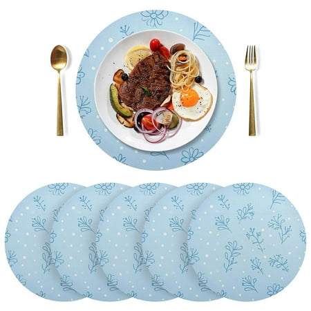 

Round Placemats Plate Mats 15 Inch Non-Slip Heat Resistant Washable PVC Set Table Decoration for Kitchen Dining Blue Branch and White Dots