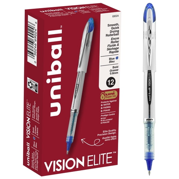 uniball™ Vision Elite Rollerball Pens, Bold Point (0.8mm), Blue, 12 Pack