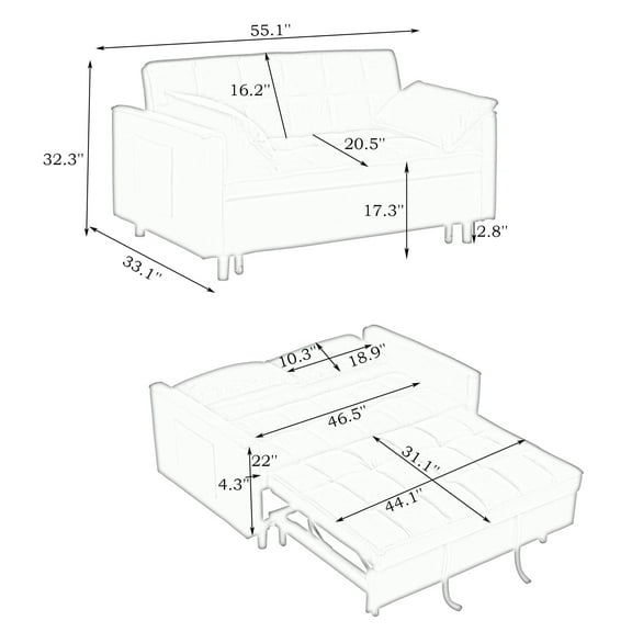 Living Room Sofas Modern Velvet Loveseat Futon Sofa Couch Pullout Bed, Small Love Seat Lounge Sofa w/Reclining Backrest, Toss Pillows, Pockets, Furniture for Living Room,3 in 1 Convertible Sleeper So