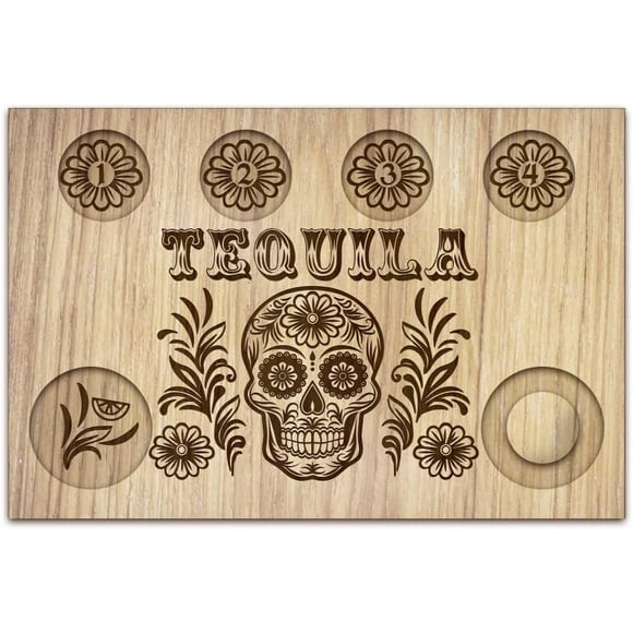Sugar Skull Tequila Shot Glasses Serving Tray Wooden Glass Holder with Salt Rim Shot Glasses Board for Bar Restaurant Party Family Gathering 7.87x11.8 Inch