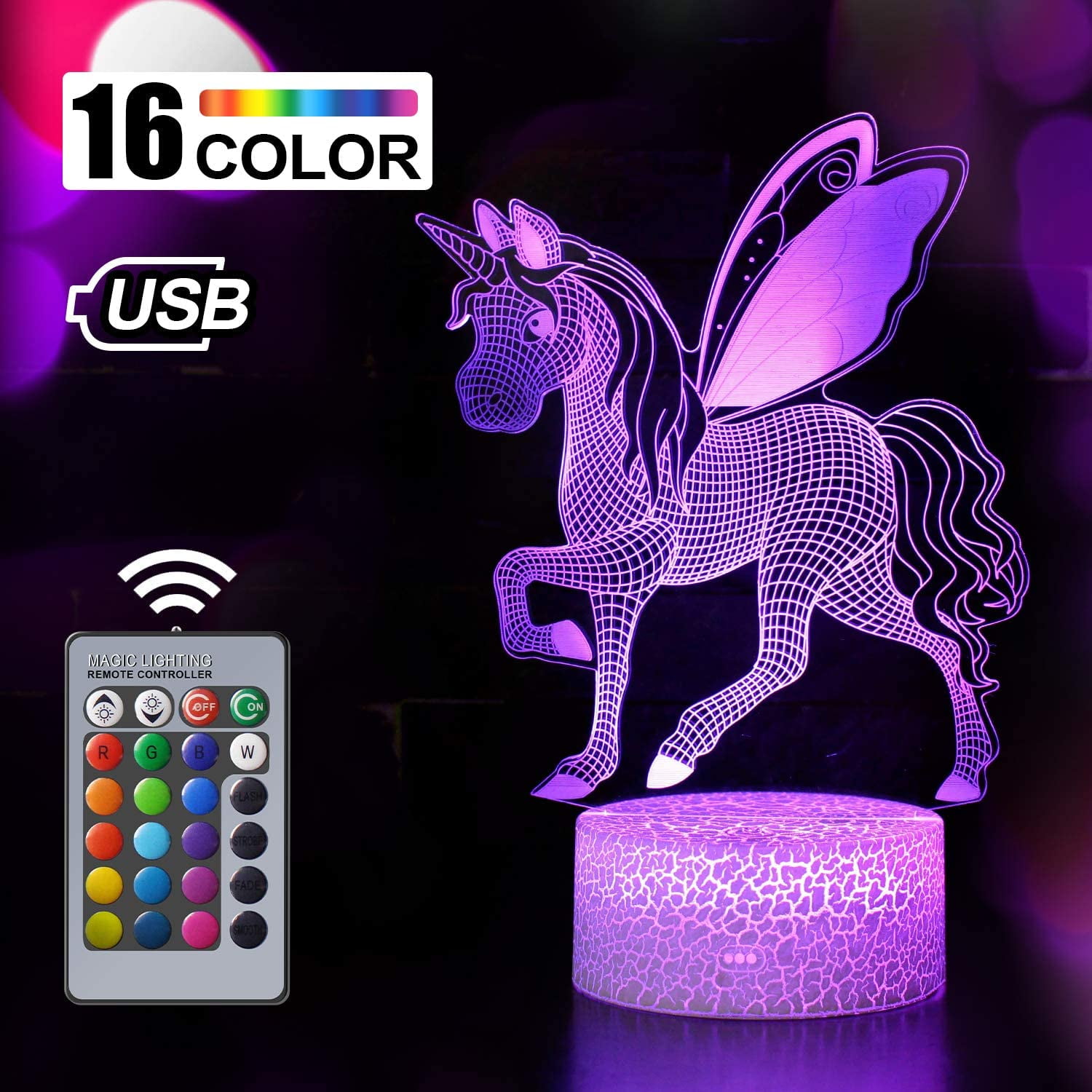 3D Colorful LED Night Light Unicorn Head Up Table Lamp Bedroom Xmas Decor Gifts