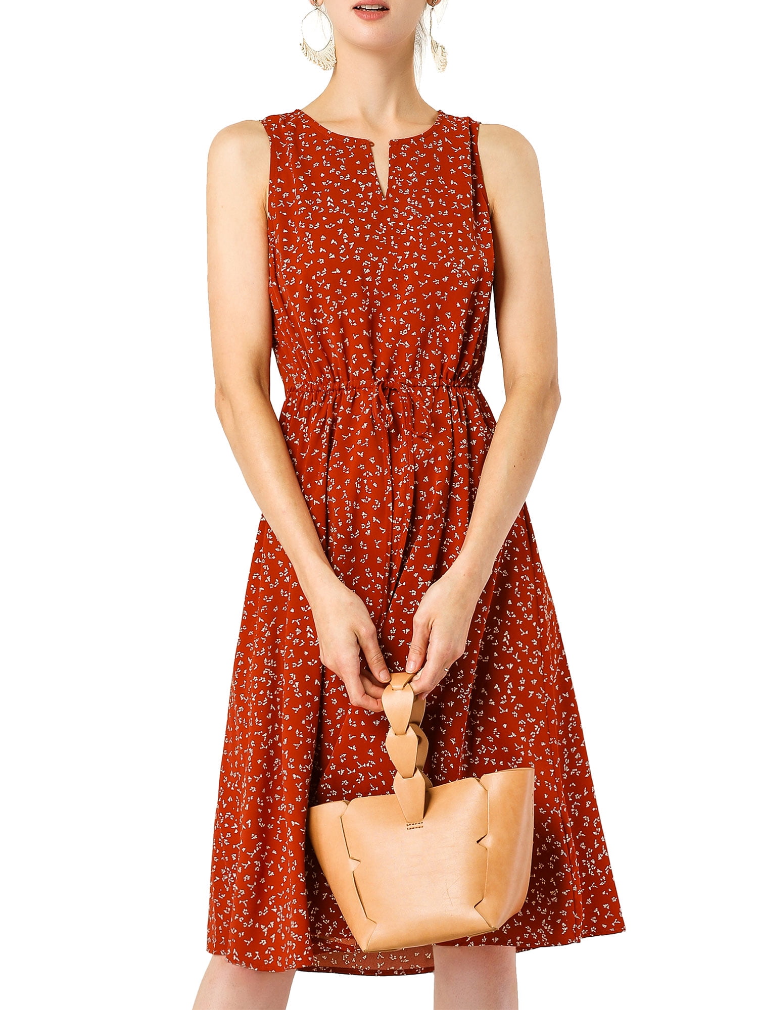 DARING DIVA Floral Sleeveless Drawstring Waist A-Line Dress L Red