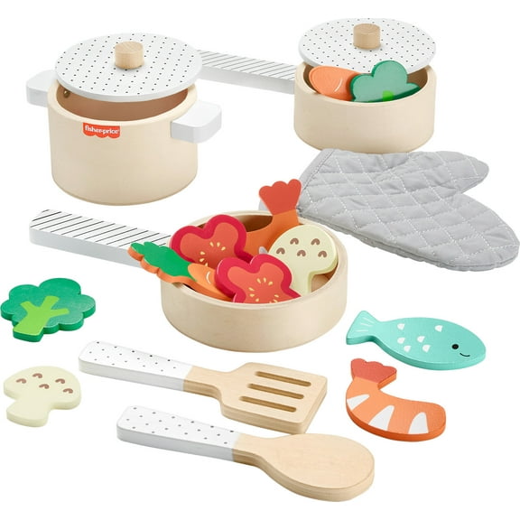 Fisher-Price Wooden Kitchen Pots & Pans Set, 19 Wood Pieces for Preschool Pretend Play, Ages 3  Years