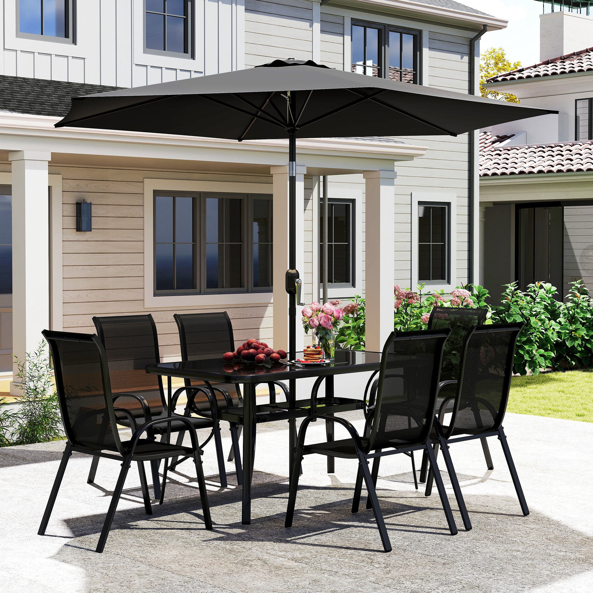 Outsunny 8 Piece Patio Furniture Set with Umbrella, Outdoor Dining Table and Chairs, 6 Chairs, Push Button Tilt and Crank Parasol, Glass Top, Black