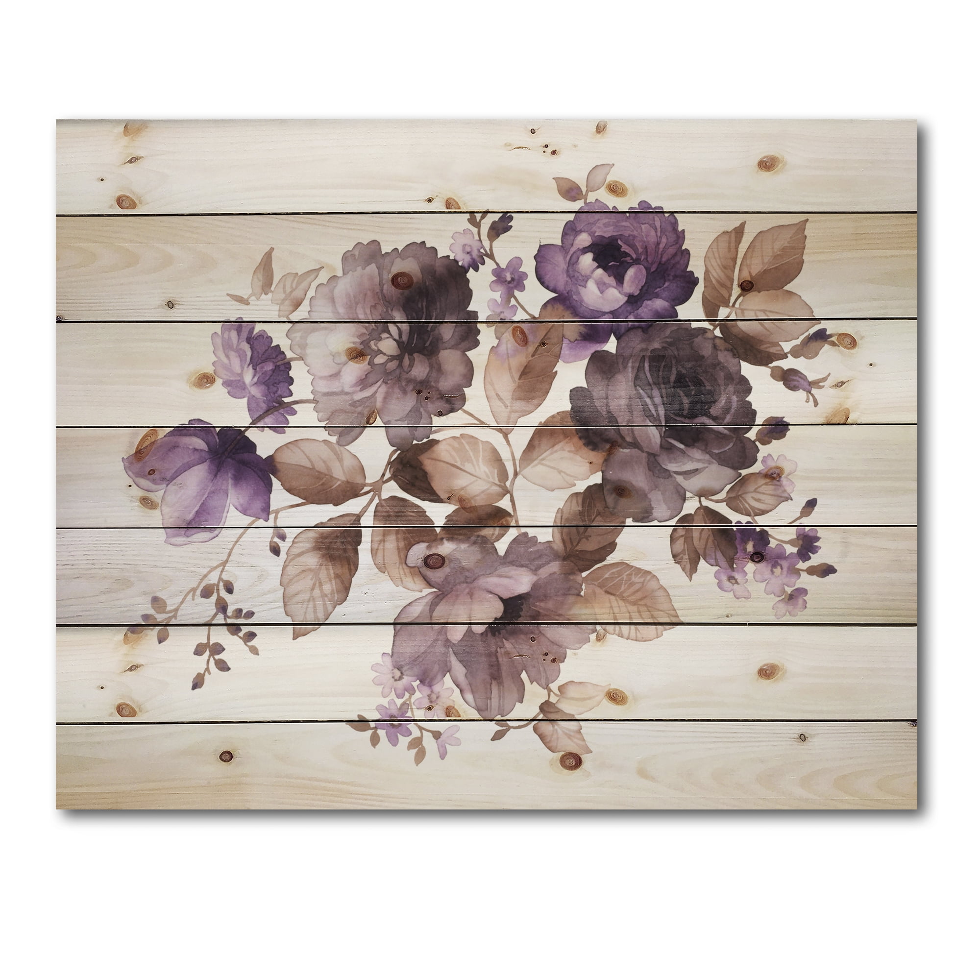 Designart 'Purple Retro Flowers With Brown Leaves On White' Traditional Print on Natural Pine Wood