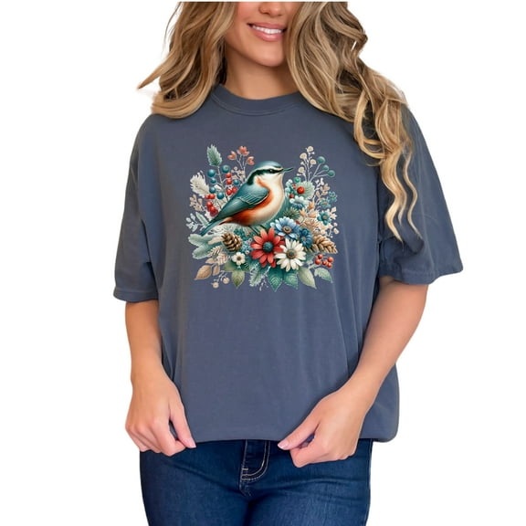 Colorful Bird Art T-Shirt, Nature Inspired Graphic Tee, Floral and Bird Print, Vibrant Colors, Unique Artistic Design, Perfect Gift, Denim Comfort Colors T-Shirt, Small