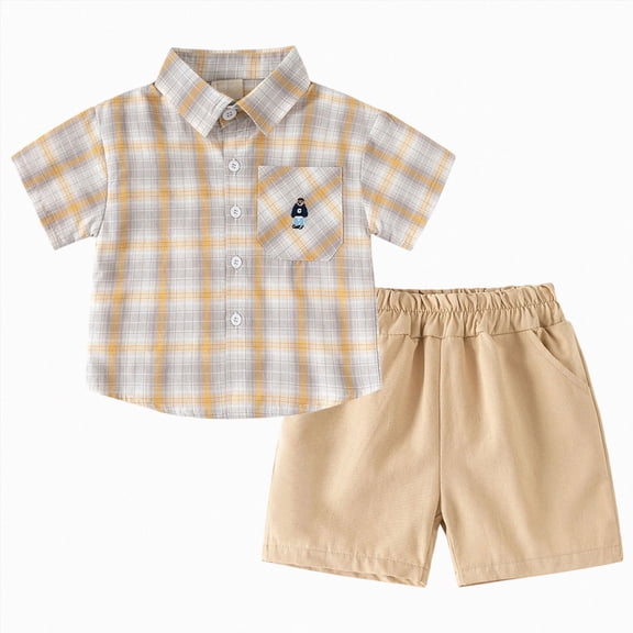 KPOPLK Toddler Baby Boy Clothes Summer Outfits Set Kids Print Short Sleeve Button Up Shirts & Casual Beach Shorts Set 1-6 Years(18-24 Months,Yellow)