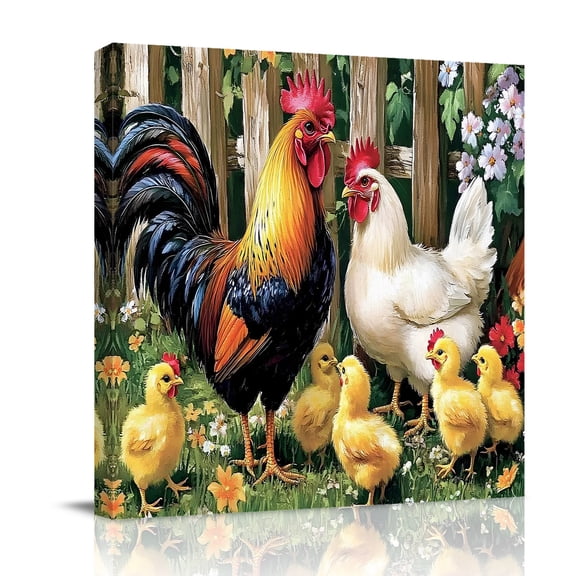 Vintage Rooster Canvas Wall Art for Living Room, Farmhouse Chick Hen Animal Watercolor Flower Country Poster Print Painting for Bedroom Office Home Decoration Wall Pictures Prepare To Hang 8"x8"
