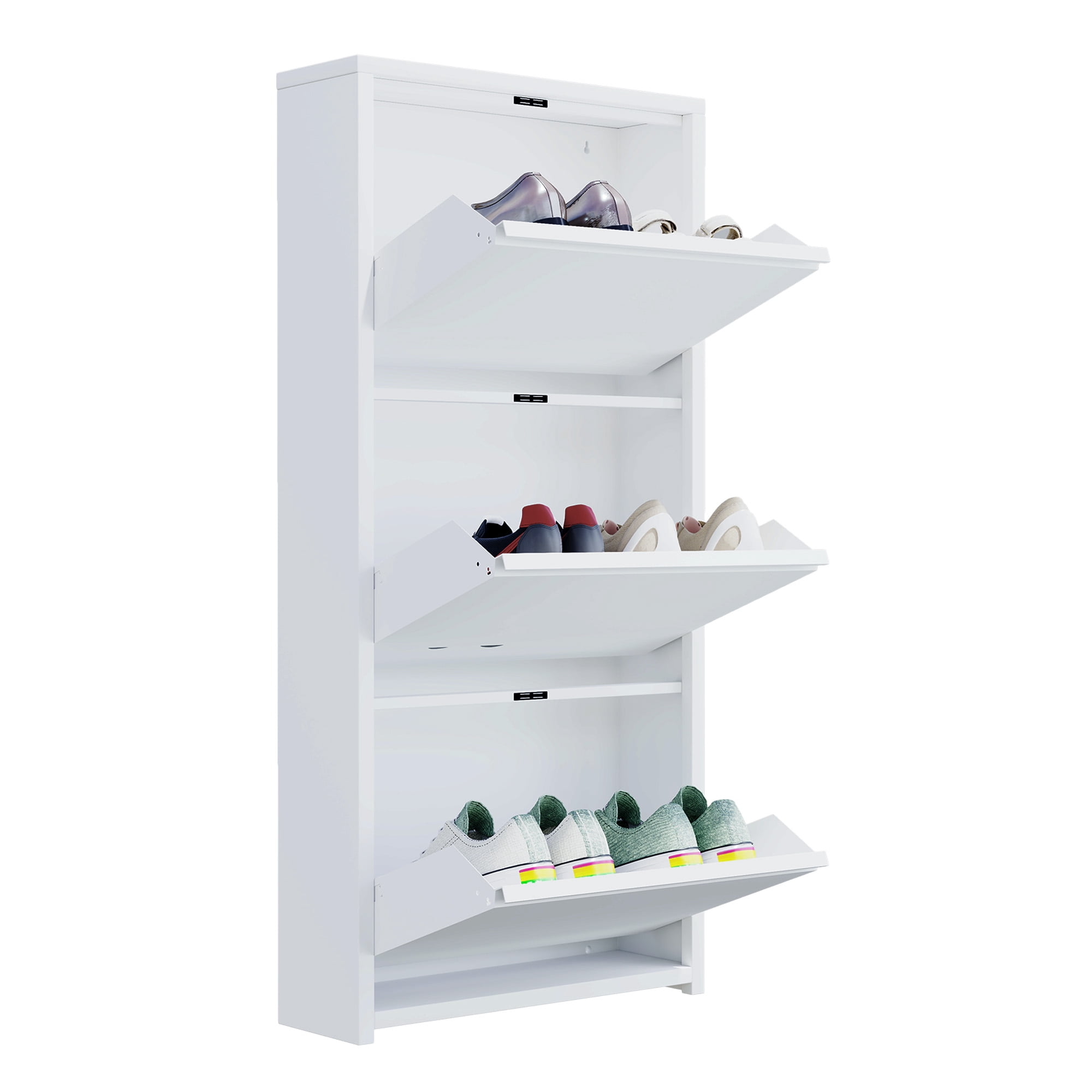 Uforic Wall Mounted & No-Assembly Steel Shoe Storage Cabinet with 3 Flip Magnetic Gooseneck Drawer for Entryway, Hallway, White