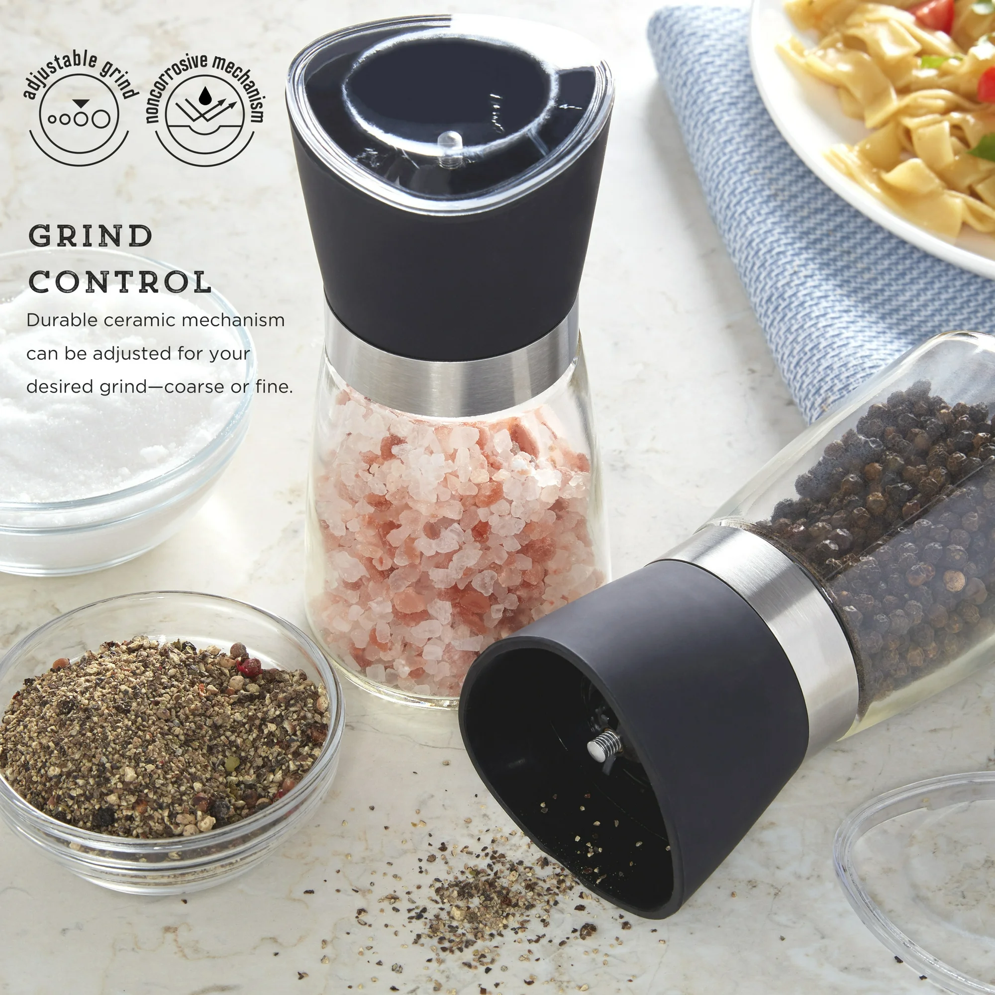 Kamenstein 5-inch Glass Prefilled Pink Himalayan Salt and Pepper Grinder Set of Two