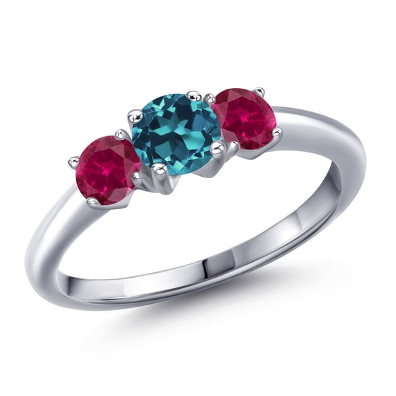 Gem Stone King 925 Sterling Silver London Blue Topaz and Red Created Ruby Engagement Ring for Women | 1.20 Cttw | Round 5MM | Gemstone November Birthstone | Size 6