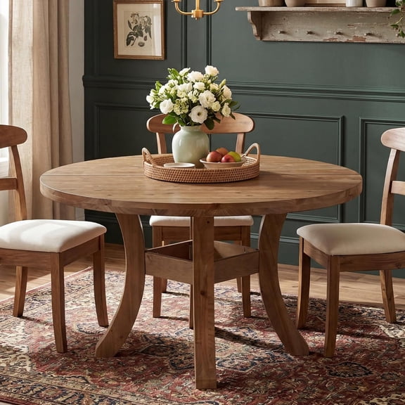 Finmind 47" Solid Wood Round Dining Table for 4-6, Farmhouse Circle Kitchen Table with Curved Legs, Rustic Dinner Table for Dining Room, Easy Assembly, Brown