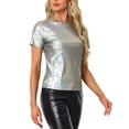 thumbnail image 4 of INSPIRE CHIC Women's Metallic Textured Short Sleeve Shiny Party Tops XS Shiny Silver, 4 of 7
