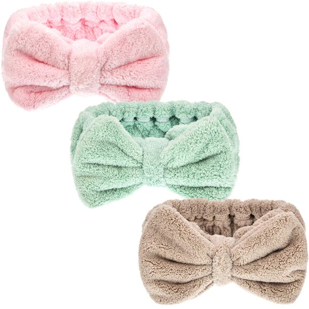 3 diademas de toalla para mujer, diadema de maquillaje para lavar la cara, maquillaje, spa, diadema de microfibra con pajarita para ducha para mujer (rosa claro, verde claro, marrón claro)
