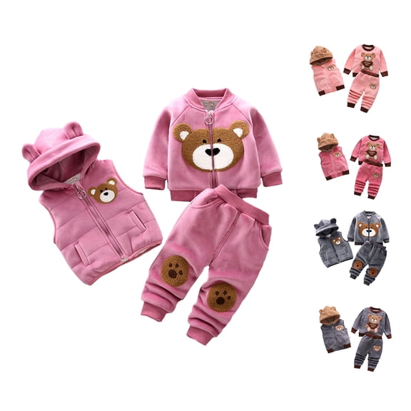 Baby Boy Outfits Boys Girls Cartoon Bear Print Flannel Hoodie Vest Pants 3 Piece Set Boys' Clothing Sets Grey 4-5 Years