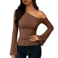 thumbnail image 5 of LEBONYARD Women's Trendy Round Neck Chic Sloping Off Shoulder Design Solid Color Long Sleeve Comfortable Thermal Thumb Holes Pullover Base Layer Tops, 5 of 9