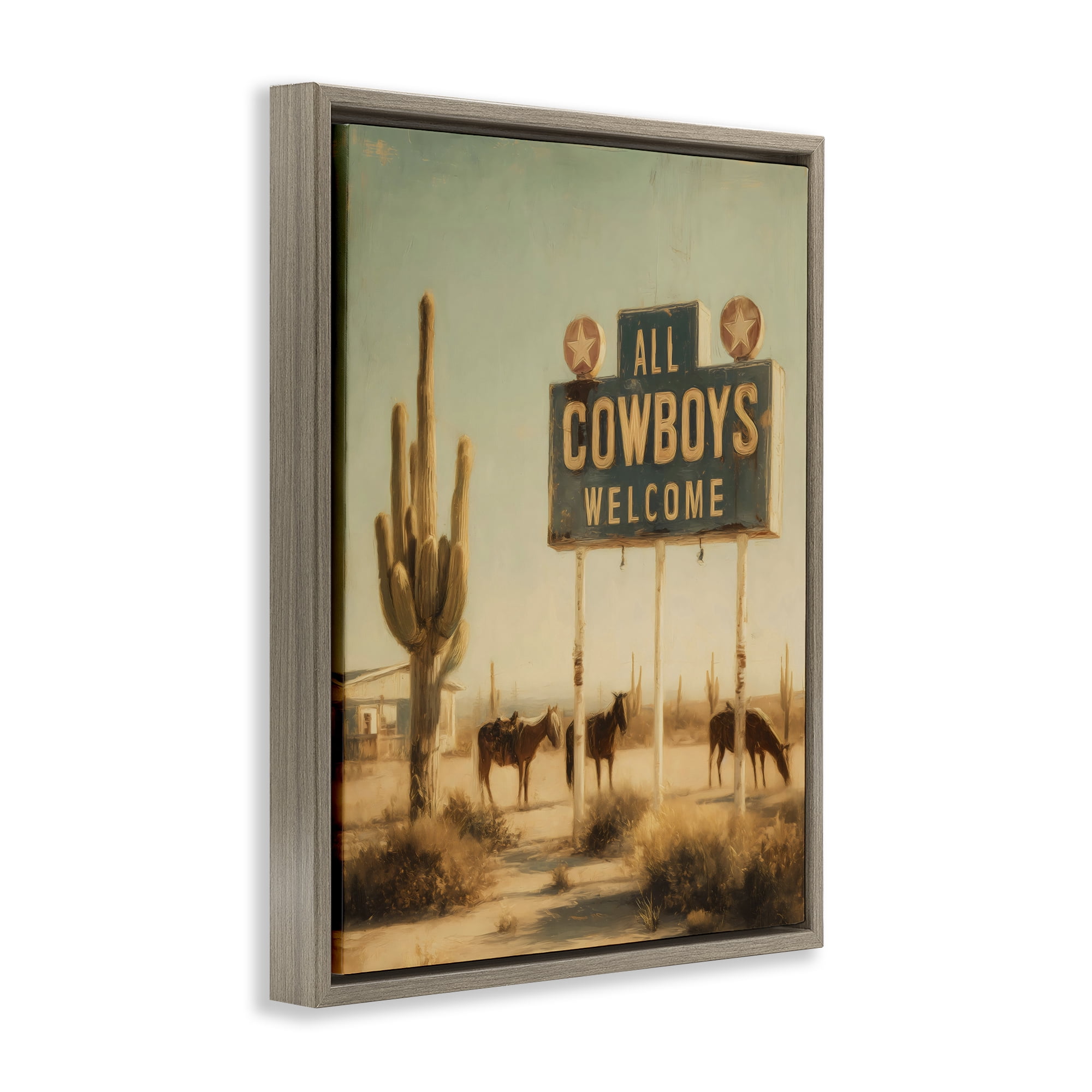 Stupell Industries All Cowboys Welcome Desert Brown Framed Floater Canvas Wall Art, design by Arlington Prints