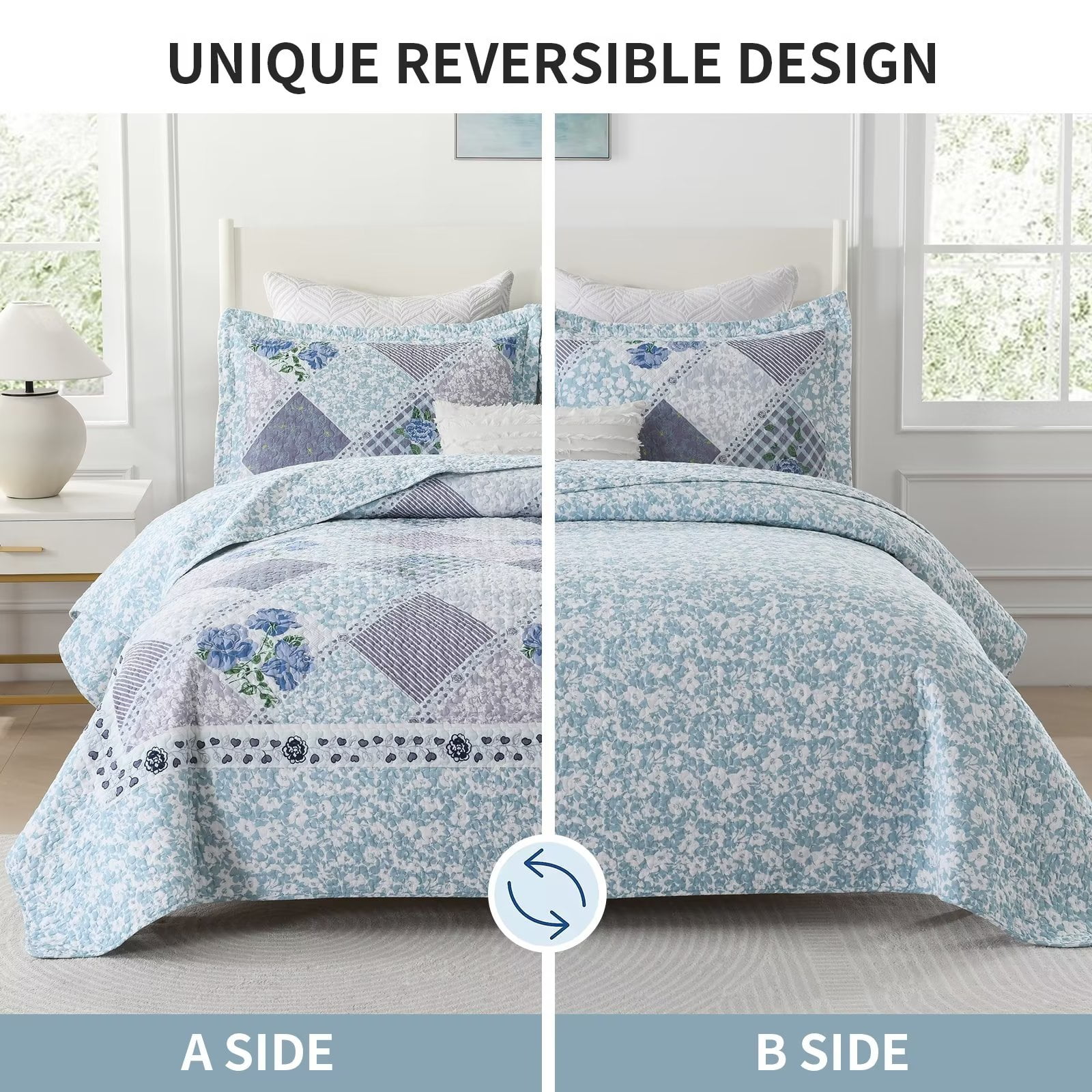 DDUOXIN California Queen Quilt Bedspread Set, 100% Cotton Blue Plaid Floral Reversible Oversized Queen Size Quilt Bedspread, Lightweight Farmhouse 3-Piece Spring Quilt for Queen Bed - 120"x102"