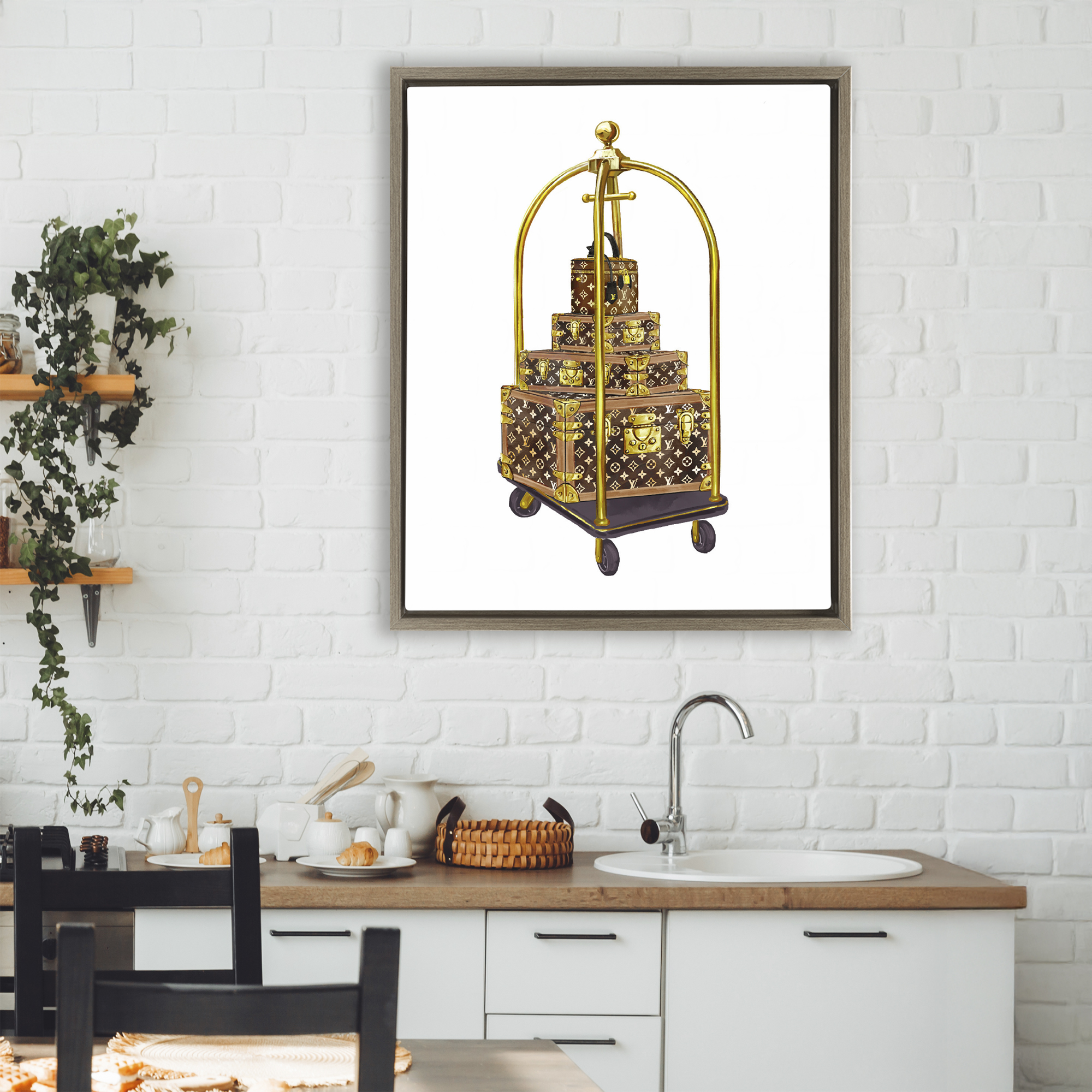 Glam Hotel Luggage Brown Framed Floater Canvas Wall Art, design by Ziwei Li