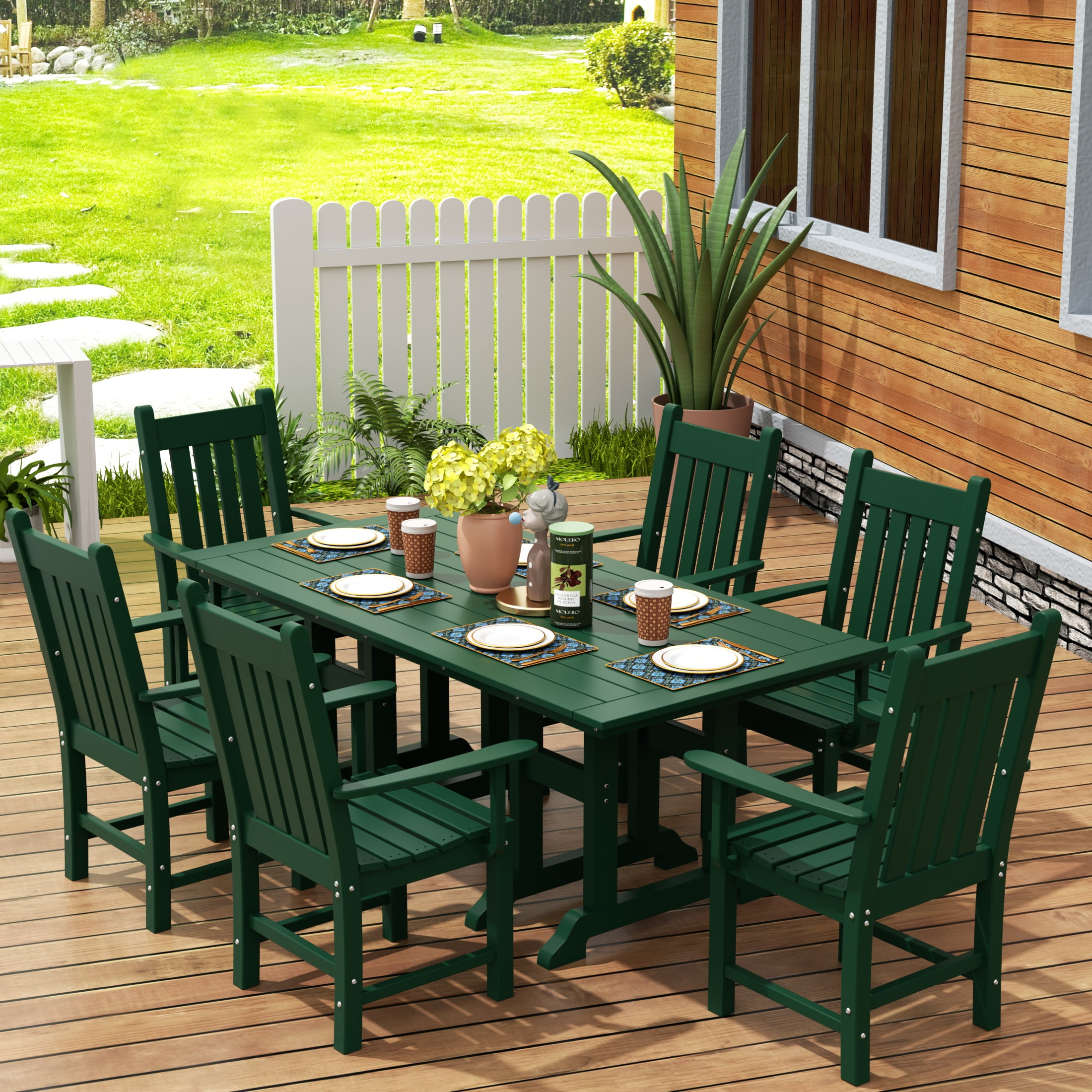 WestinTrends Malibu 7 Piece Outdoor Dining Set, All Weather Poly Lumber Patio Table and Chairs Furniture Set, 71" Trestle Dining Table with Umbrella Hole and 6 Arm Chairs, Dark Green
