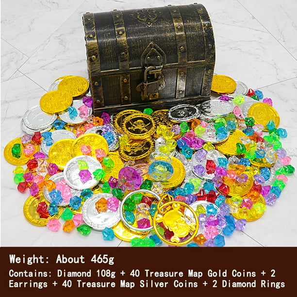 Kids Pirate Treasure Chest Toy Box Gold Color with Lock for Party Favors Props