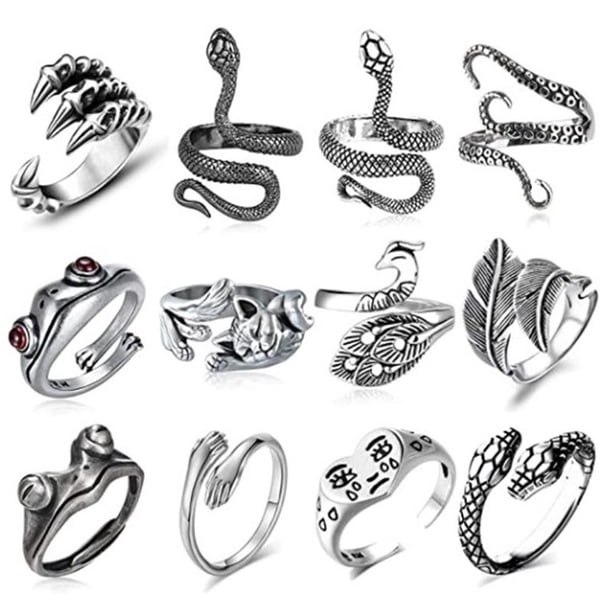 Juego De Anillos Punk Vintage De 12 Piezas, Anillo Abierto De Animales, Anillos Apilables Góticos Para Mujeres, Hombres Y Niñas Inevent AP007124-04