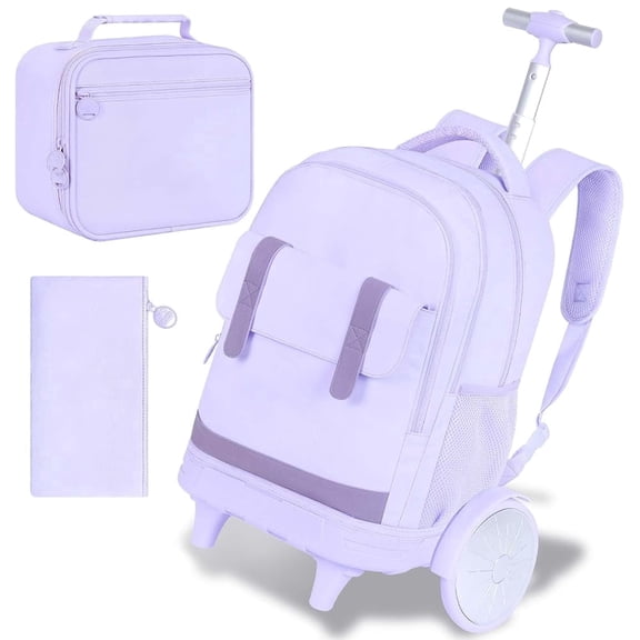 Women & Girls Rolling Backpack with Big Quiet-Glide Wheels, 3-in-1 Wheeled Commuter Set with Lunch Bag | Water-Resistant Roller Bag for Work, School, Travel - Purple