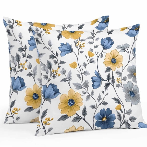 Yellow Blue Floral Outdoor Pillow Covers Pack of 2 Vintage Leaf Waterproof Throw Pillow Covers Decorative Cushion Cases for Patio Garden Tent Balcony Couch 18x18 inch