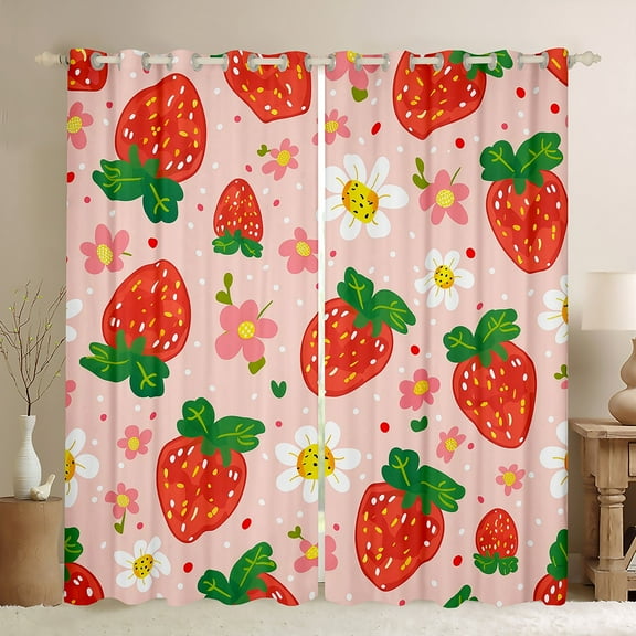 Castle Fairy Kawaii Red Strawberry Black Out Curtains for Teens Girls Women,Cute Flower Curtains Pack Of 2 (42X63 Each),Polka Dots Bedroom Curtains,Lightweight Room Decor