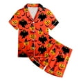 thumbnail image 4 of mgoYE Girls Pajama Set Halloween Girls Satin Pajama Set Halloween Pumpkin Ghost Print Shirts and Shorts Short Sleeve Button Soft 2 Piece Outfits|Red 12-13 Years, 4 of 5