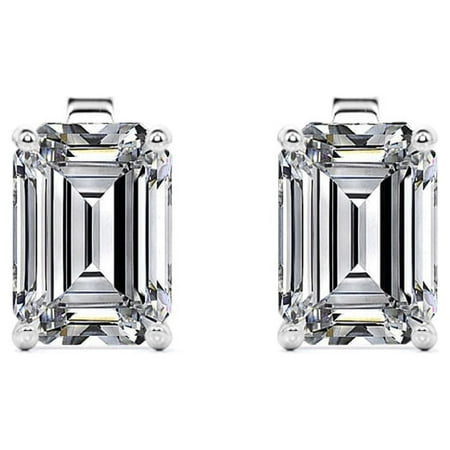 JeenMata Minimalist 4 Carat Emerald Cut Moissanite Solitaire Stud Earrings In 18K White Gold Plating Over Silver