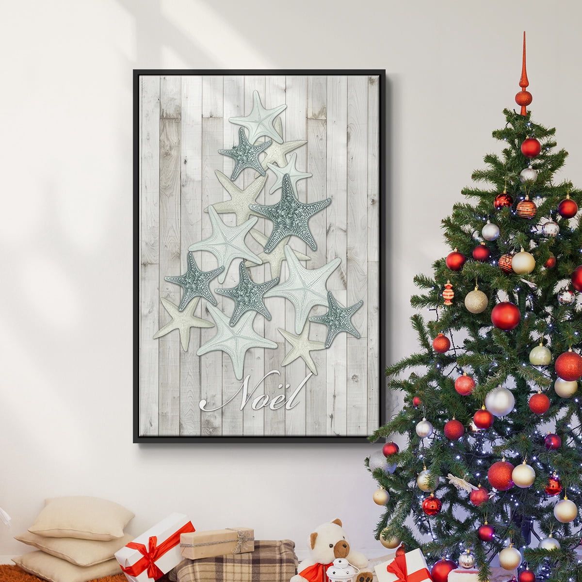 Coastal Christmas IV - Framed Gallery Wrapped Holiday Canvas - 25 x 37 - Black Frame
