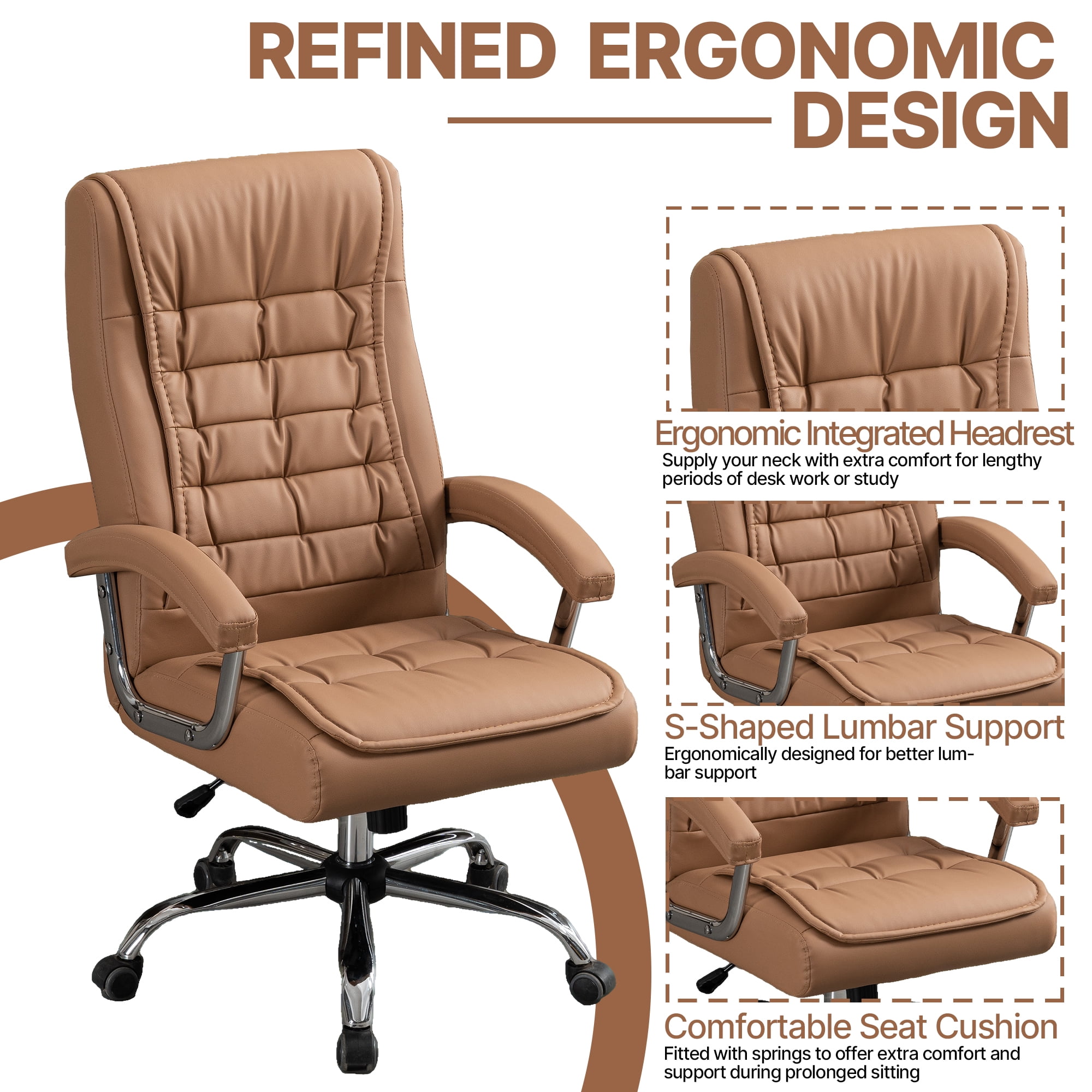 MOONMISS Executive Office Chair Adjustable Leather Chair High Back Swivel Office Desk Chair with Padded Armrest for Home Office,Camel