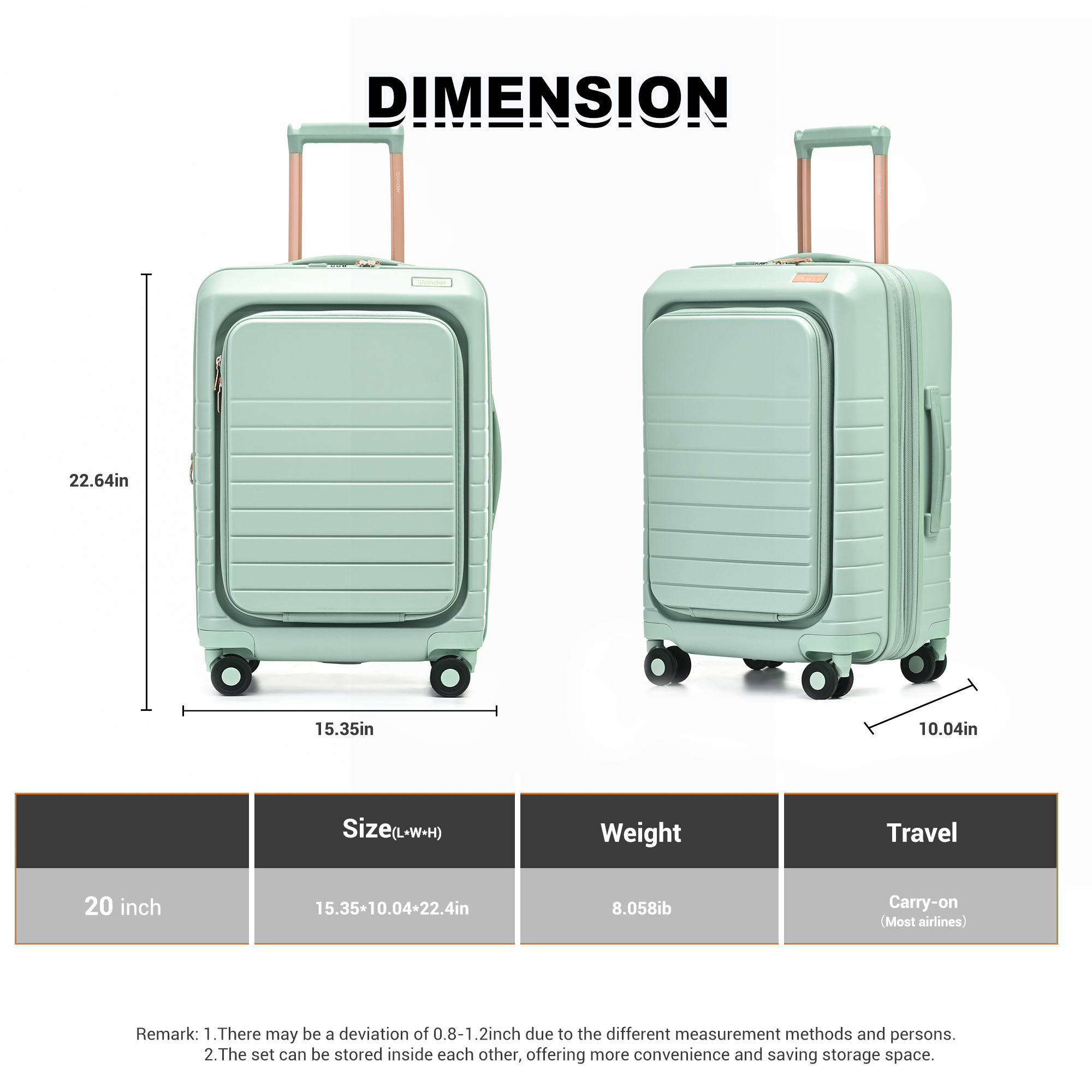 Wonder Barcelona 20" Hardside Spinner Carry-On Luggage with Front Pocket and Laptop Sleeve.GREEN